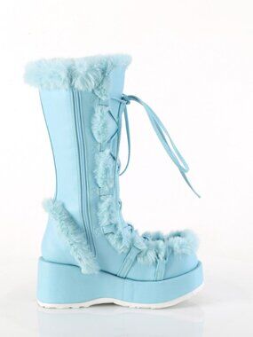 B. Blue Vegan Leather Mid-Calf Boots with Faux Fur Trim and Full Inner Side Zip